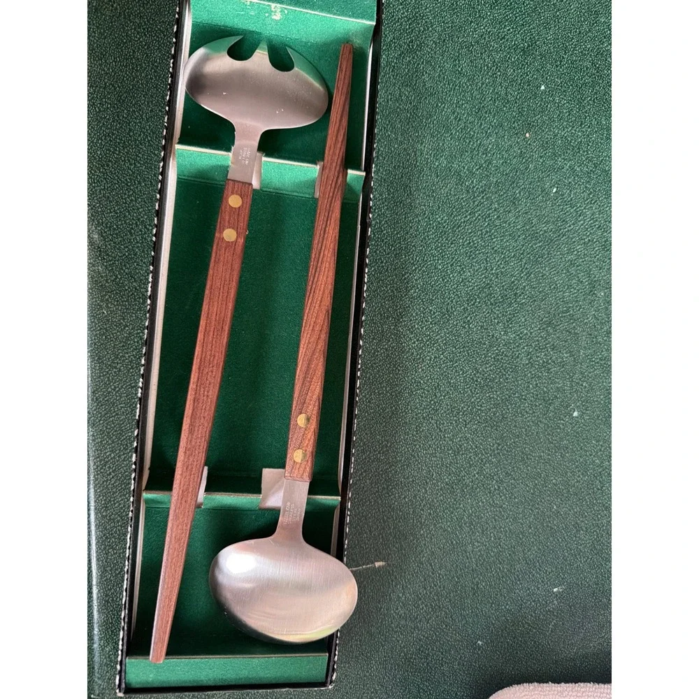 Vintage MCM Salad Serving Set Stainless Steel Wood Handle Japan 12.5‎ Inch 2pc